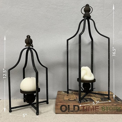 12.5" & 16.5" Timeless Cozy Decorative Lanterns Set of 2, Handcrafted Metal Iron Candle Holders, Farmhouse Elegance Fireplace Mantel Table Festive Gatherings Decor