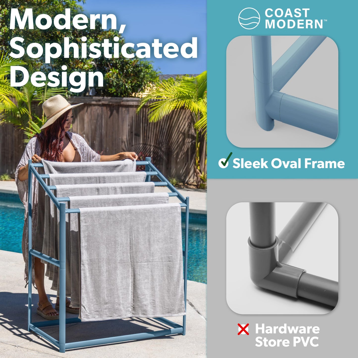 Coast Modern Pool Towel Rack – 5 Beach Towel PVC Drying Rack for Outdoor & Indoor Use - Stone Blue