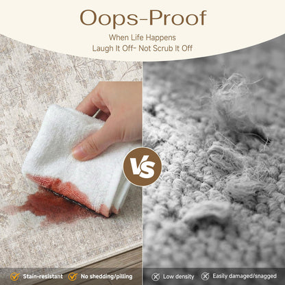 PureCozy 8x10 Living Room Area Rug Beige Washable Vintage Carpet Non Slip Low Pile Bedroom Traditional Distressed Large Throw Retro Rug for Dining Room Home Office