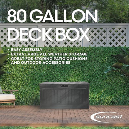Suncast 80-Gal. Waterproof Resin Large Outdoor Patio Deck Box with Pad-Lockable Lid, Modern Outdoor Patio Bench/Storage Box for Cushions, Garden Tools, and More, Iron Ore