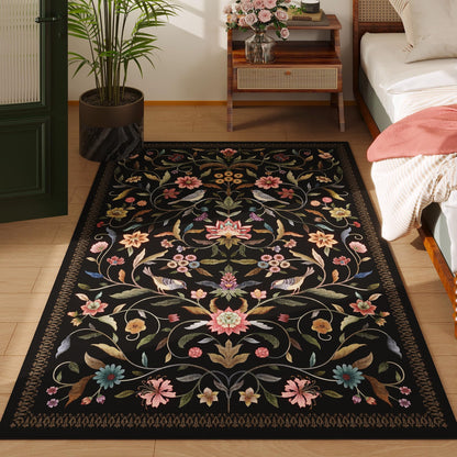 Vowkten Vintage Medallion Floral 3x5 Washable Rug, Soft Low Pile Area Rug, Non-Slip Carpet for Bedside, Bedroom, Bathroom, Entryway, Kitchen, Office, Kids/Girls Room | Black