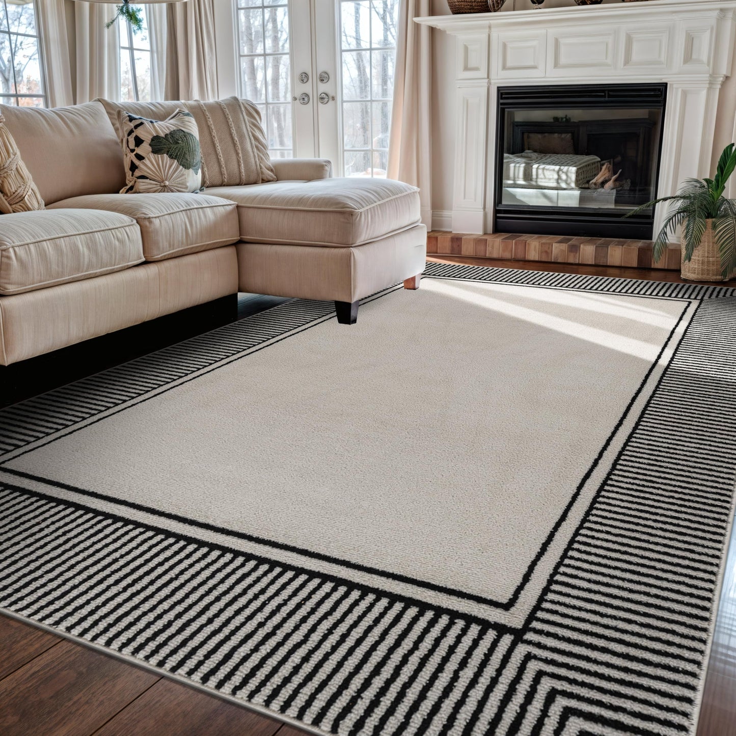 Rugshop Modern Distressed Bordered Indoor Area Rug for Living Room,Bedroom,Kitchen Rug Low Pile Rug with Jute Backing 5' x 7' Cream
