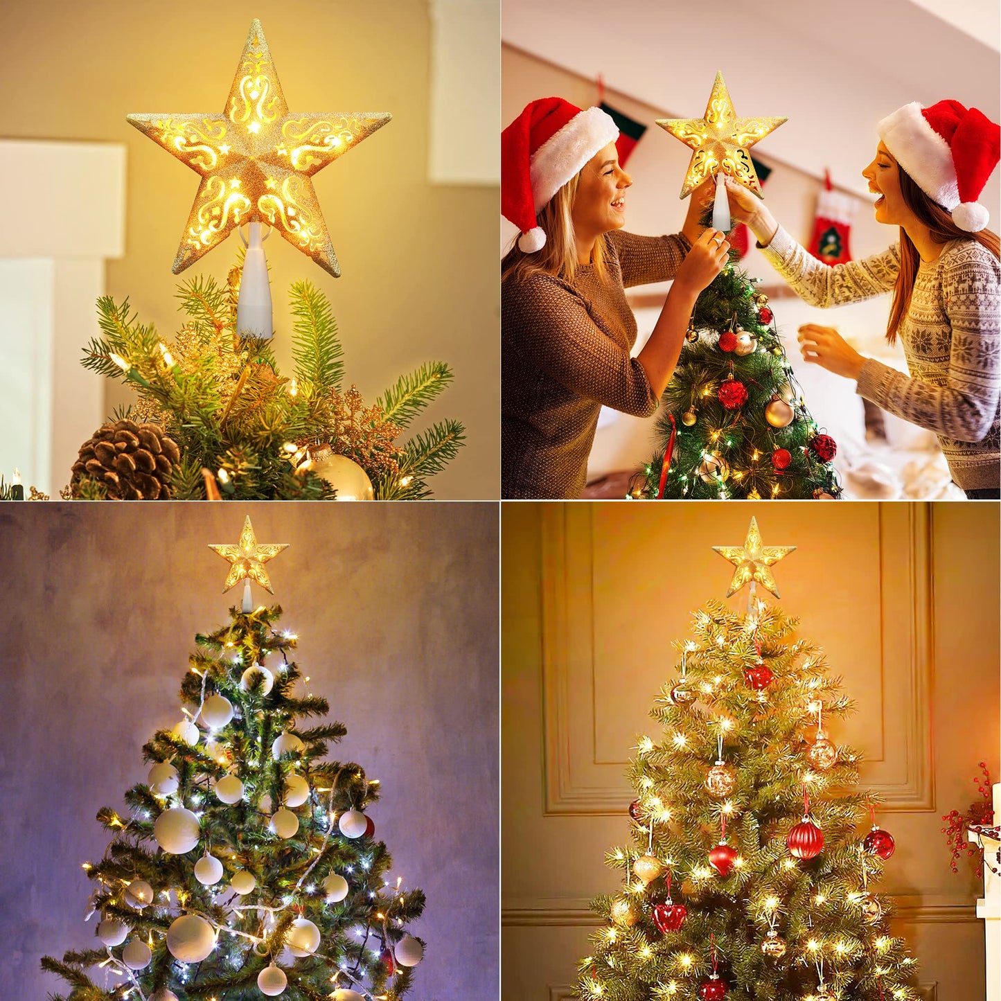 Brizled Gold Christmas Tree Topper, 8” 3D Christmas Star Topper, Glittered Hollow Xmas Tree Topper with 10 Warm White Lights, UL Certified Lighted Xmas Star Treetop for Holiday Home Decoration