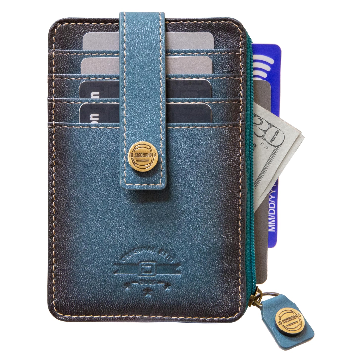 ID Stronghold RFID Blocking Front Pocket Wallet – Slim Minimalist Genuine Leather Wallet with Zipper Coin Pocket (Mega Blue)