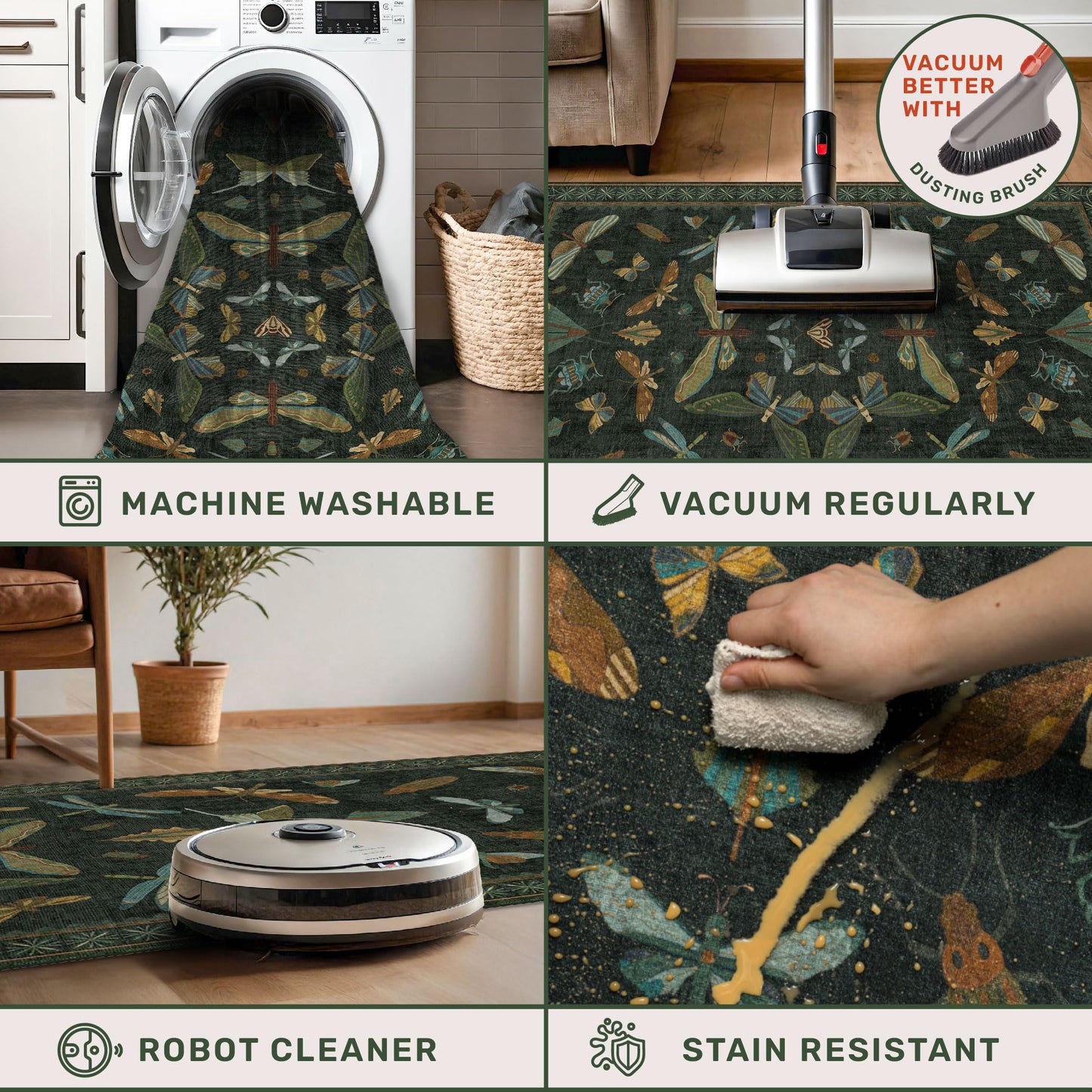 Hazo Haus Washable Insect 2x6 Runner Rug for Hallway- Stain Resistant Kitchen Runners, Floral Whimsical Indoor Floor Mat for Bathroom, Soft Non Slip with Rubber Backed, Dark Green