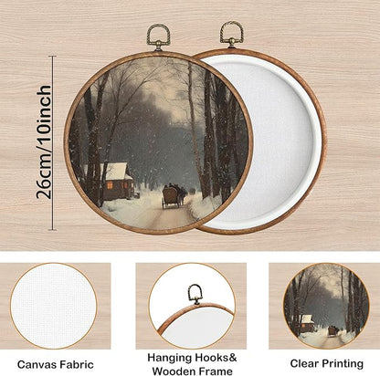 KSDUT Vintage Winter Wall Decor Art - Snowy House Wall Art Canvas Frame Hanging Prints, Retro Xmas Forest Woodland Wild Animal Round Wall Art Decor for Home Farmhouse Decorations 10"x10"