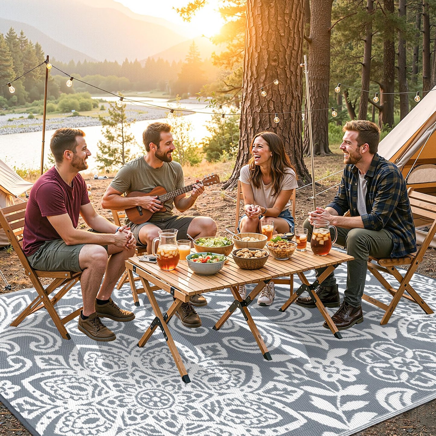 Findosom Waterproof Outdoor Rug 5' x 8' - Reversible Mandala Outdoor Plastic Straw Rug, Durable Foldable Patio Rug for RV, Deck, Balcony, Backyard, Picnic, Porch, Camping, Beach, Gray
