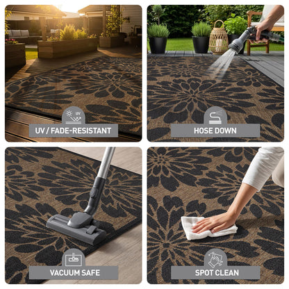 Rugshop Floral Indoor Outdoor Flat Woven Area Rug,Natural Jute-Style,Easy-Care Patio Rug for Backyard Porch Deck Balcony, 6'6" x 9' Dark Gray/Natural