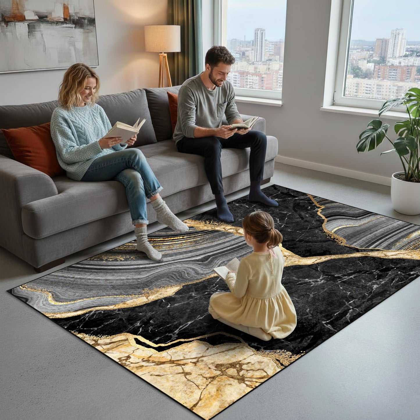 Black and Gold Area Rug 5x7 ft for Living Room Abstract Marble Large Non Slip Washable Rugs Ultra-Soft Low Pile Indoor Floor Mat Carpet for Bedrooms Playroom Office Kitchen (Black Gold, 5'x7')