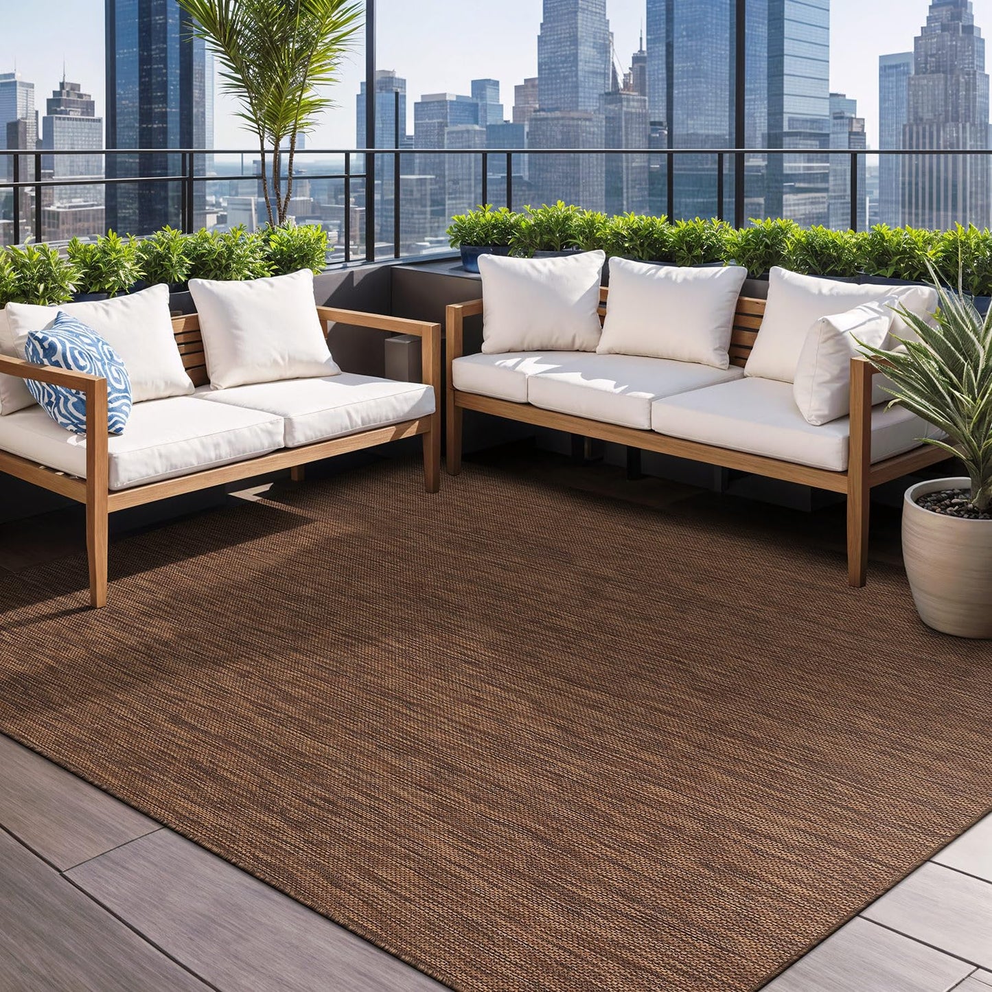 Beverly Rug Indoor Outdoor Rug 5x7, Washable Outside Carpet for Patio, Deck, Porch, Solid Modern Area Rug, Water Resistant, Gold Brown