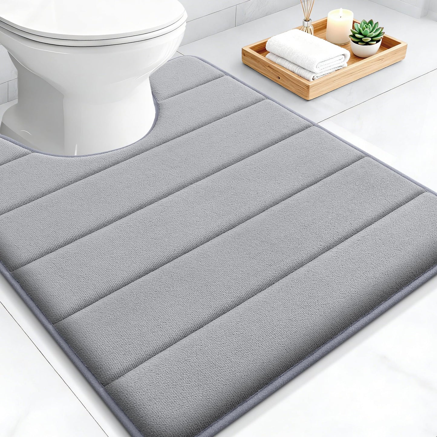 OLANLY Memory Foam Toilet Rugs U Shaped 24x20, Super Soft Absorbent Contour Bath Rugs, Quick Dry, Machine Washable Toilet Mat, Bathmat Floor Carpet, Bathroom Home Decor Accessories, Grey