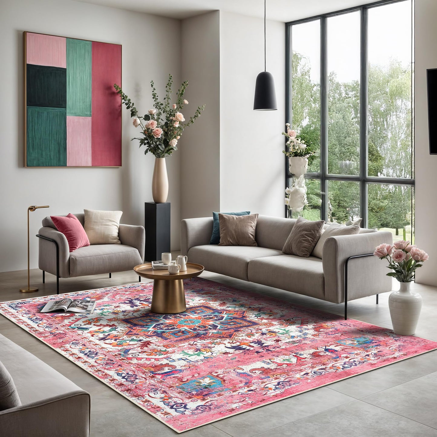 GLN Rugs Bohemian - Serik - Machine Washable Area Rug, Boho Washable, Non Slip, Low Pile Chenille Area Rug, Living Room, Bedroom, Kitchen Rug - Easy Clean (6' x 9' Pink/Multicolor)