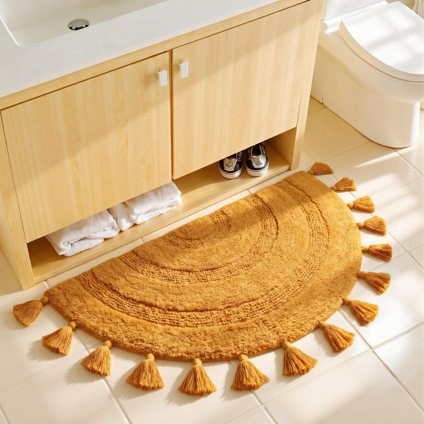 KOEXM Half Circle Boho Bathroom Rugs with Tassels 100% Cotton Hand-Woven Bath Rugs Non Slip Absorbent Crochet Rugs Machine Washable Boho Bath Mats for Bathroom Floor Tub