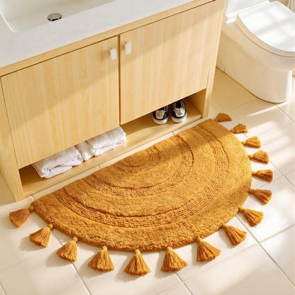 KOEXM Half Circle Boho Bathroom Rugs with Tassels 100% Cotton Hand-Woven Bath Rugs Non Slip Absorbent Crochet Rugs Machine Washable Boho Bath Mats for Bathroom Floor Tub