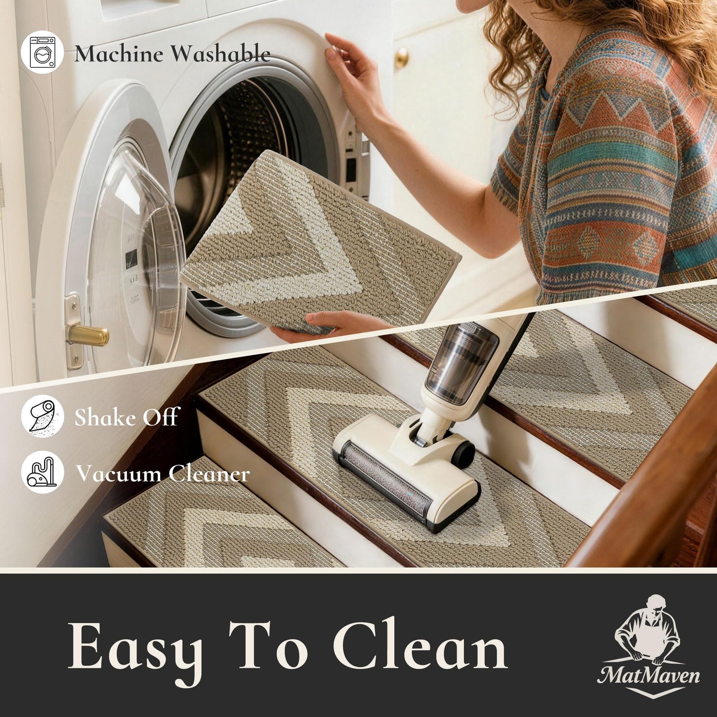 MatMaven Stair Treads for Wooden Steps Indoor, 14 Pack 9"x28" Non Slip Carpet Stair Treads,Machine Washable Stair Runner Rugs with Peel & Stick Reusable TPE Backing for Kids Elders & Pets,Beige