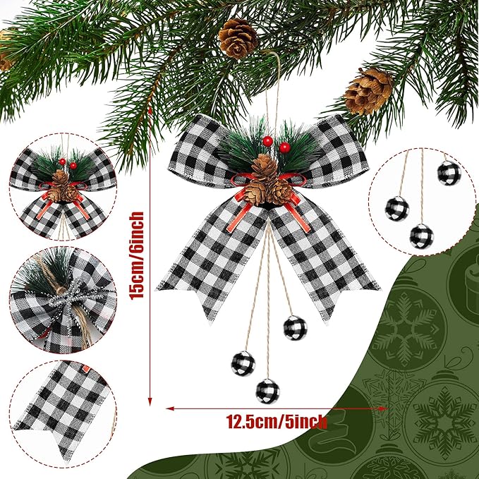 Xinnun 4 Pieces Christmas Buffalo Plaid Bows with Pine Cones Pine Needles Xmas Plaid Bow Ornament Christmas Tree Wreath Decoration for Holiday Parties DIY Crafts Home Decor (White,Black)