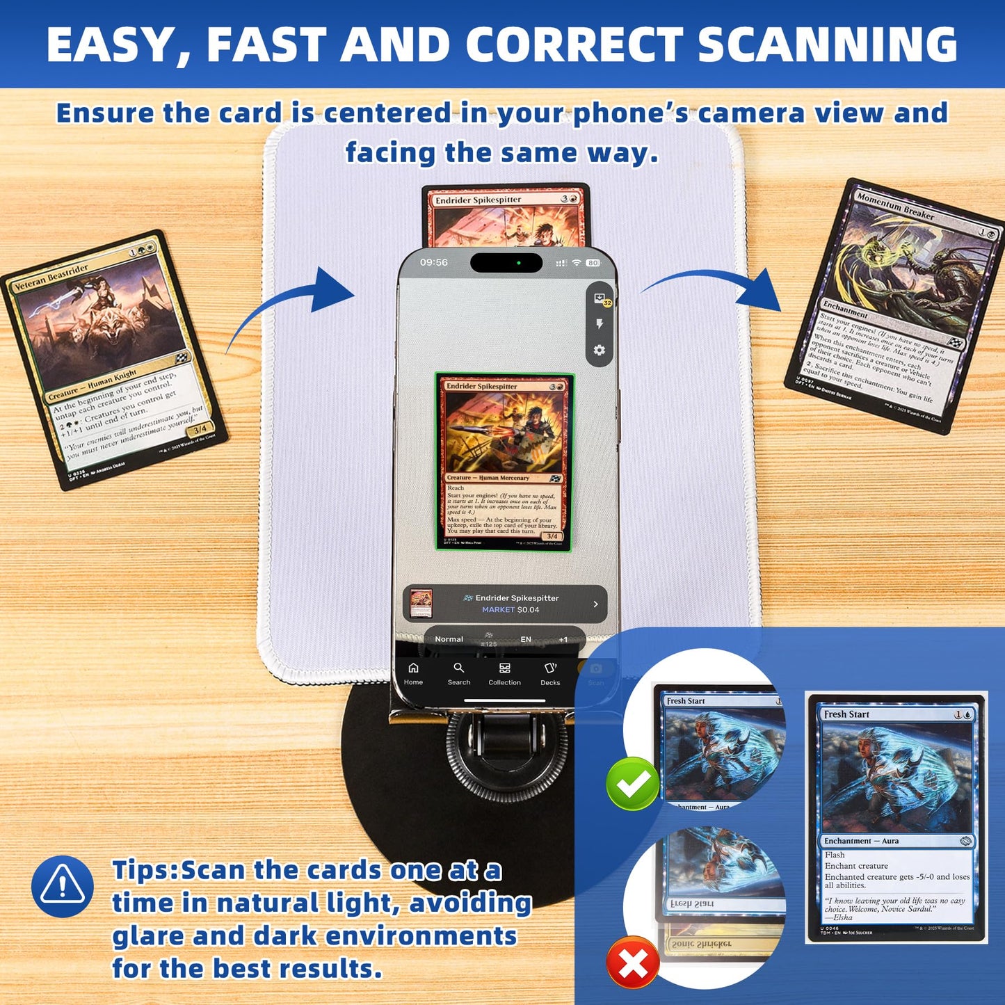 Utllsitm Foldable MTG Trading Card Scanner Stand,Carbon Steel Phone Holder Includes 50 Standard Size Card Sleeves and Scanning Pad,Ideal for Quickly Scan and Price Check,Available for ManaBox