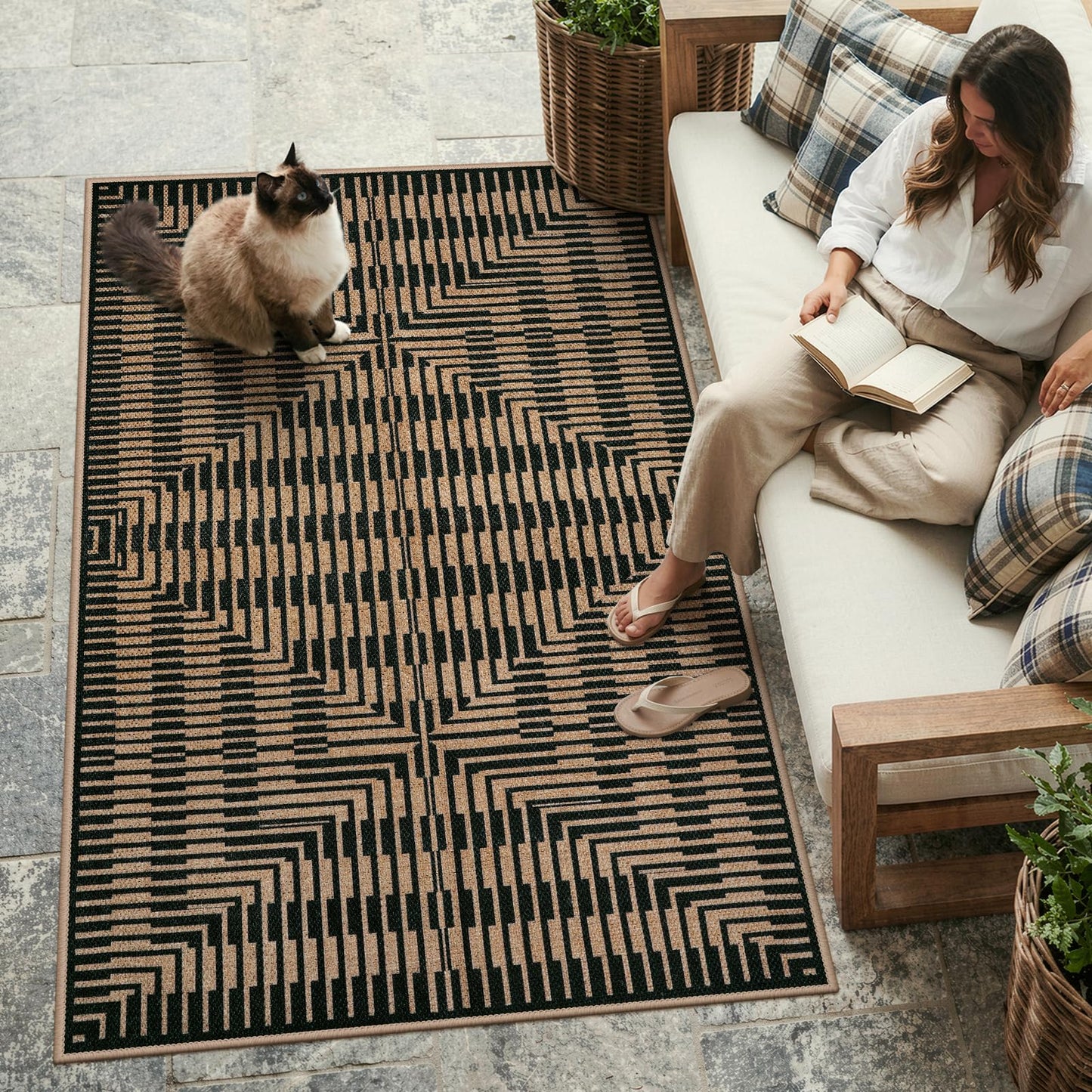 LIVEBOX Easy Jute 3x5 Outdoor Rug, Washable Non Slip Front Door Porch Rugs, Neutral Black Striped Accent Carpet Mat for Entryway, Mudroom (Black & Tan)