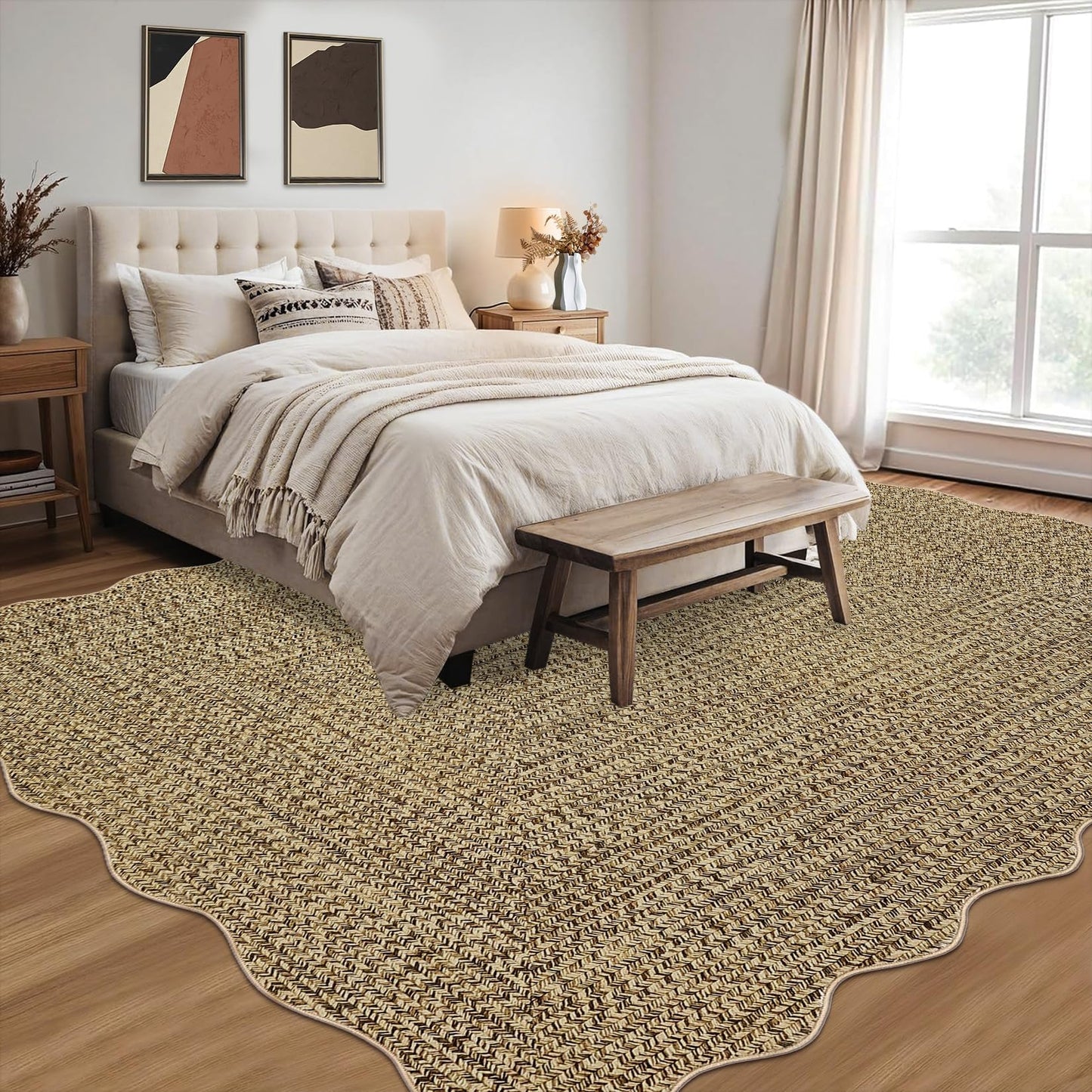 Garvee Printed Rug (Not Woven!) 8x10 Area Rugs for Living Room Non-Slip Washable Rugs, Scalloped Large Carpet, Stain Resistant Ultra-Thin Foldable Floor Cover for Nursery Dining Room