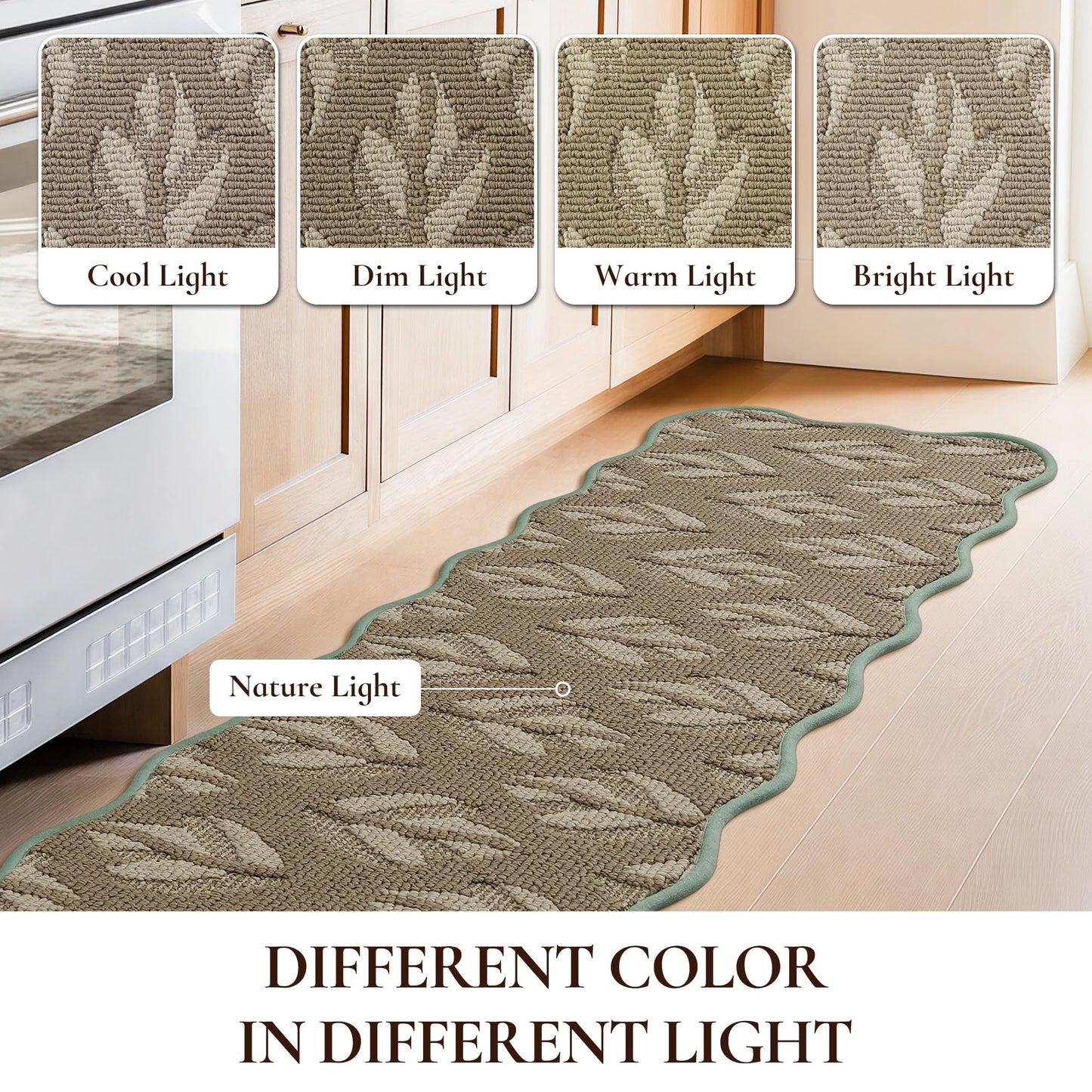 FLOORHUG Non-Slip Kitchen Rugs Set of 2, Scalloped Kitchen Mats for Floor, Absorbent and Stain Resist Kitchen Floor Mat, Washable Kitchen Runner Rug for Laundry&Sink, 17"x30"+17"x72", Leaf/Beige