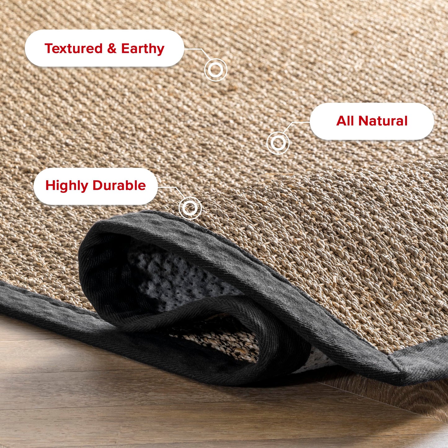 nuLOOM 4x6 Elijah Seagrass Area Rug, Black, Solid Farmhouse Style, Cotton Bordered, Basketweave, Natural Fiber, For Bedroom, Dining Room, Living Room, Hallway, Office, Kitchen, Entryway