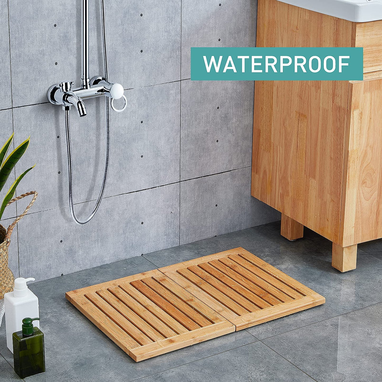 Waterproof Bamboo Bath Mat for Shower, Foldable | Non-Slip | Heavy Duty, Wooden Bath Mat, Floor Mat and Doormat for Indoor Outdoor, 23.4in x 15.6in