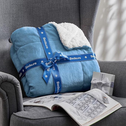 Bedsure GentleSoft Sherpa Fleece Throw Blanket for Couch - Thick and Warm Throw for Men, Soft Fuzzy Plush Blanket for Winter, Washed Blue, 50x60 Inches