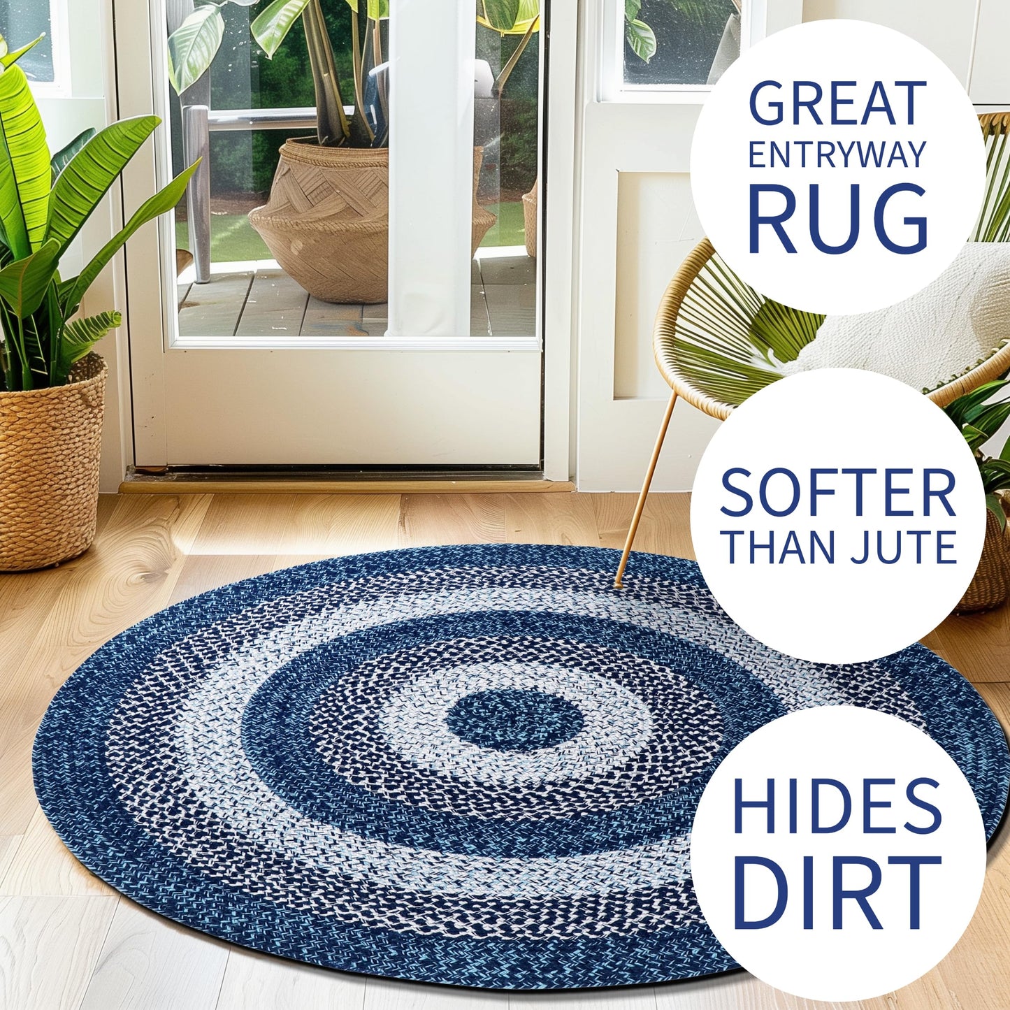 Super Area Rugs Rustic Aqua Blue/White/Black Braided Rug for Dining Room Table, Washable Outdoor Rug for Patio/Porch 4' Round