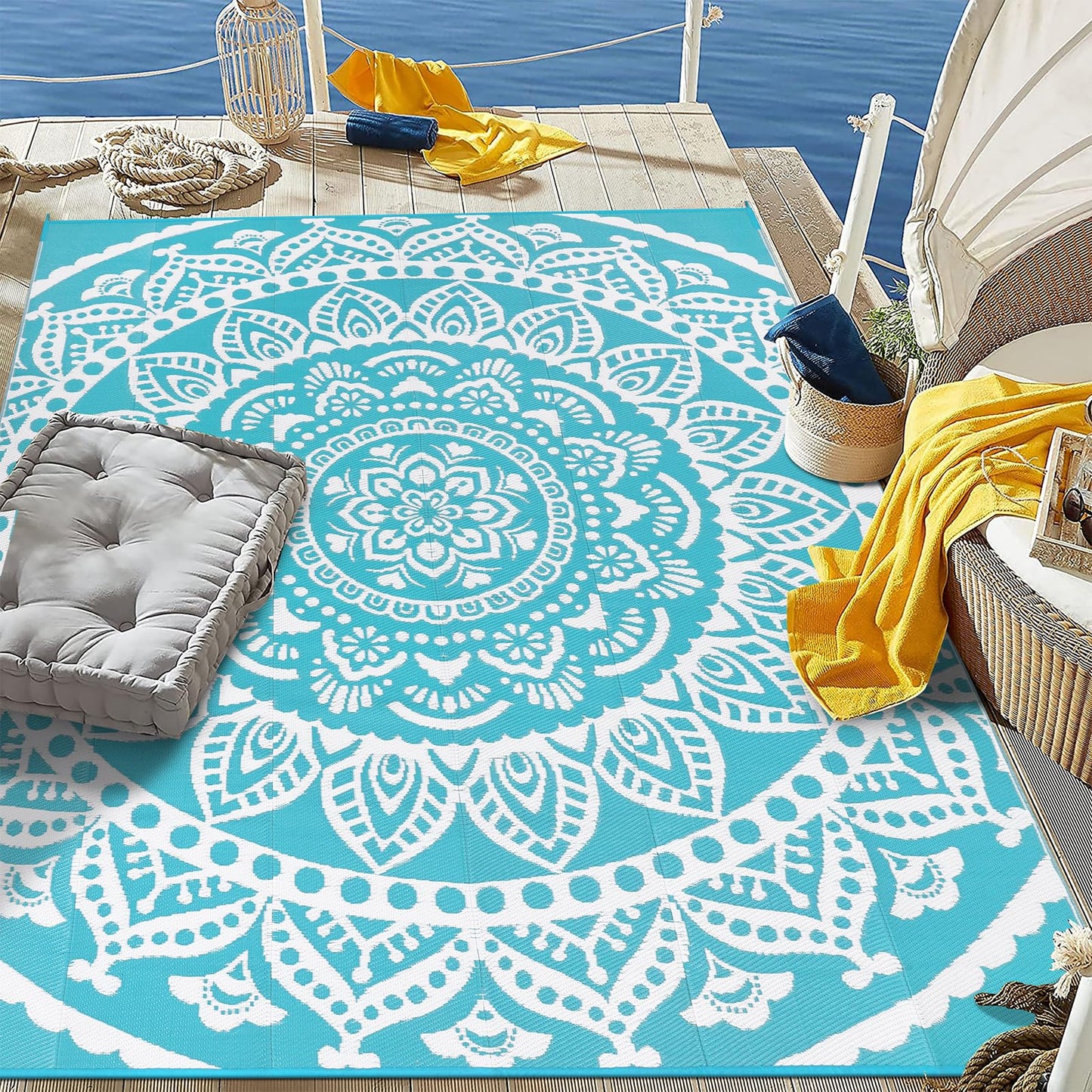 Bsmathom Waterproof Outdoor Rug 6'x9' Reversible Boho Plastic Straw Patio Deck Camping Rugs, Indoor Outdoor Portable RV Mat Clearance Carpet for Outside, Porch, Balcony, Backyard, Beach, Pool,Teal