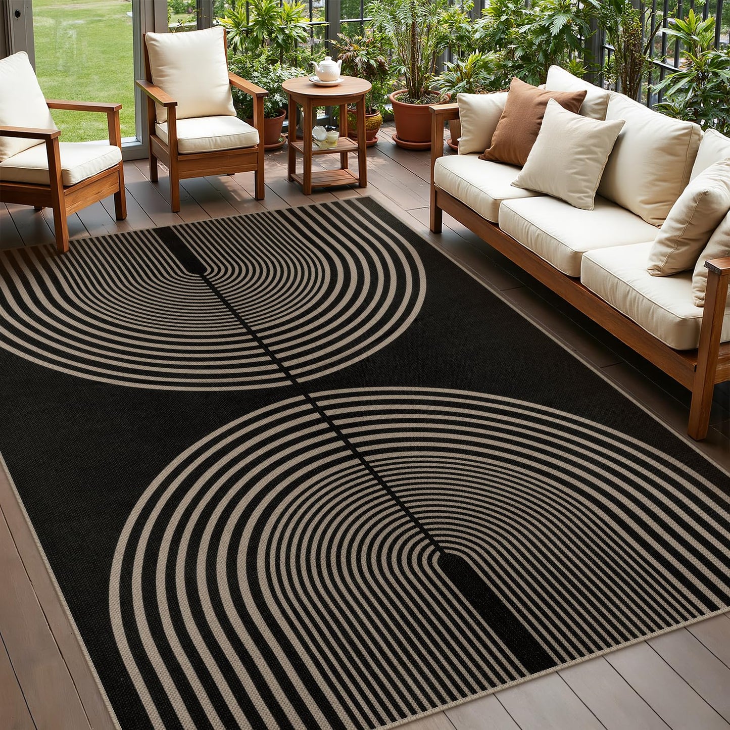 Rugalia Easy Jute 5x7 Outdoor Patio Rug, Washable Black Boho Rainbow Rugs for Living Room, Non-Slip Modern Farmhouse Outdoor Mat Neutral Abstract Floor Carpet for Patio Dining Room Backyard