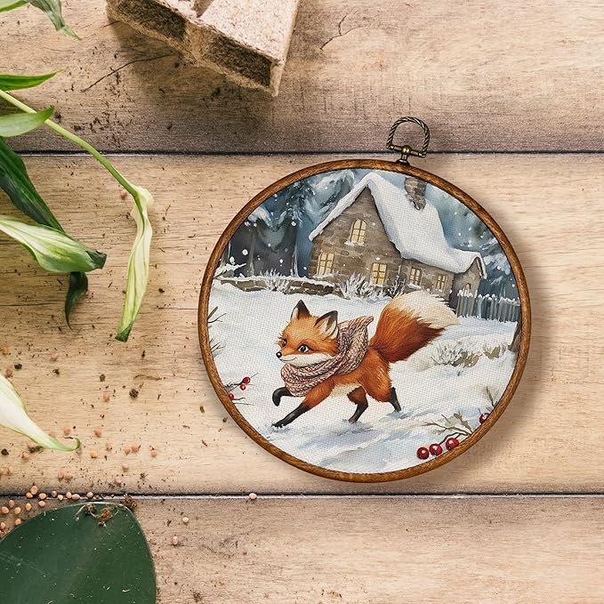 KSDUT Vintage Winter Wall Decor Art - Snowy Fox Wall Art Canvas Frame Hanging Prints, Retro Xmas Forest Woodland Wild Animal Round Wall Art Decor for Home Farmhouse Decorations 10"x10"