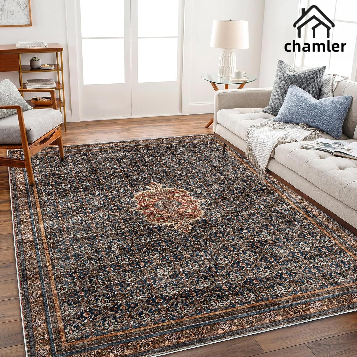 chamler Washable Area Rug 9x12 Boho Chic Medallion Distressed Design Non-Shedding Easy Care Ideal for High Traffic Areas in Rug for Living Room Bedroom Office Coffee Table Large Carpet