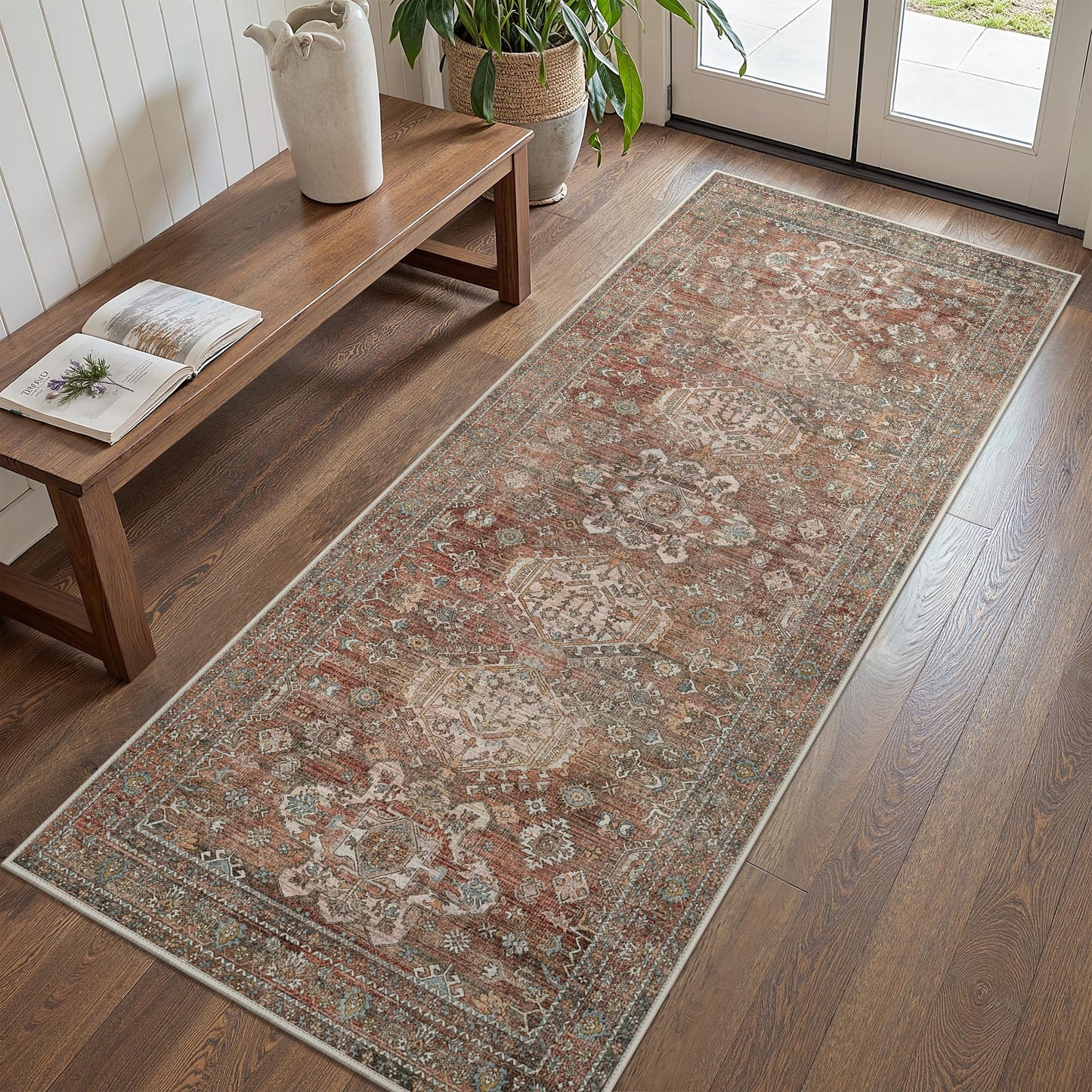 Bavni 2x5 Rug Runner, Washable Runner Rug Non Slip, Vintage Ultra Thin Low Pile Hallway Runner Rug for Kitchen Entryway Bedroom, Brick