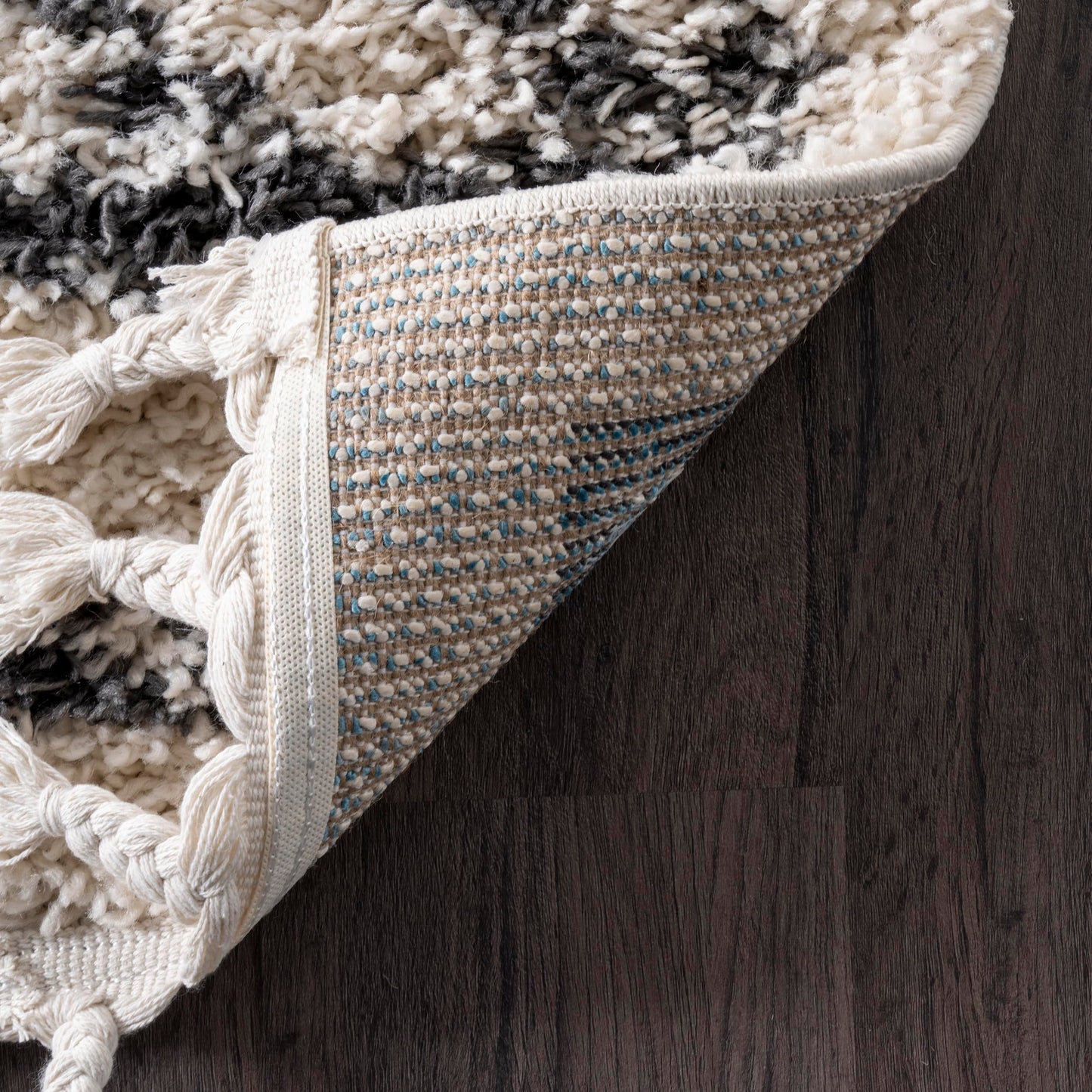 Nuloom Mackie Off-White/Charcoal, 6'7" x 9', Moroccan, Shag, Tassel, Soft and Cozy, High Traffic, Stain Resistant, Easy Clean, Durable Area Rug for Bedroom, Living Room, Dining, Den, Foyer, Entryway