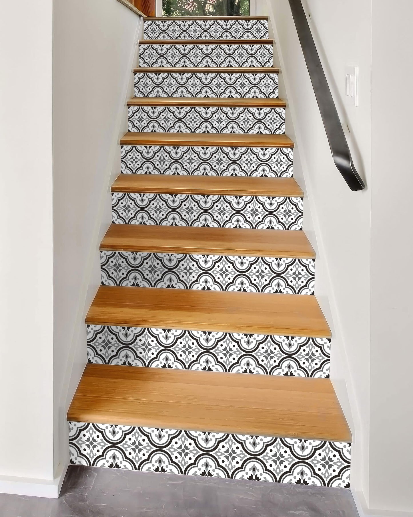 FLFK Black Patterns Stair Stickers - Set of 15, Peel and Stick Stair Riser Decals, 39.3"x7.08"