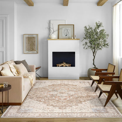 BILEEHOME Boho Farmhouse Bedroom Rug Washable Easy Clean Stain Resistant Vintage Country Rustic Neutral Persian Area Rug for Dining Room Under Table,Light Tan Brown Beig with Terracotta Pattern,5x8
