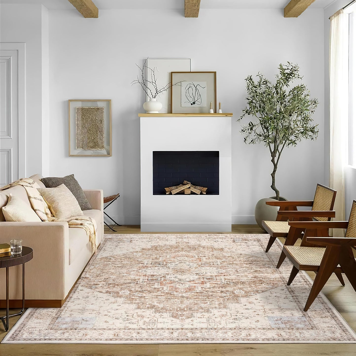 BILEEHOME Boho Neutral Living Room Rug 5x7,Washable Vintage Rustic Earth Tone Modern Farmhouse Persian Area Rugs for Dining Room Bedroom, Light Tan Brown Beige with Rust Terracotta Pattern