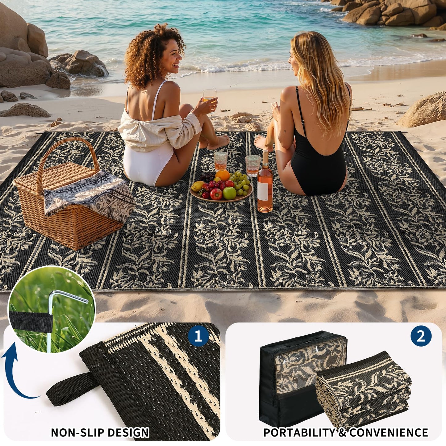 GarveeHome Outdoor Rug 9x12 Waterproof for Patio, Reversible Outdoor Plastic Straw Rug, Wallpaper Flower Indoor Outdoor Mat Carpet for RV, Camping, Deck, Backyard, Picnic, BlackCoffe