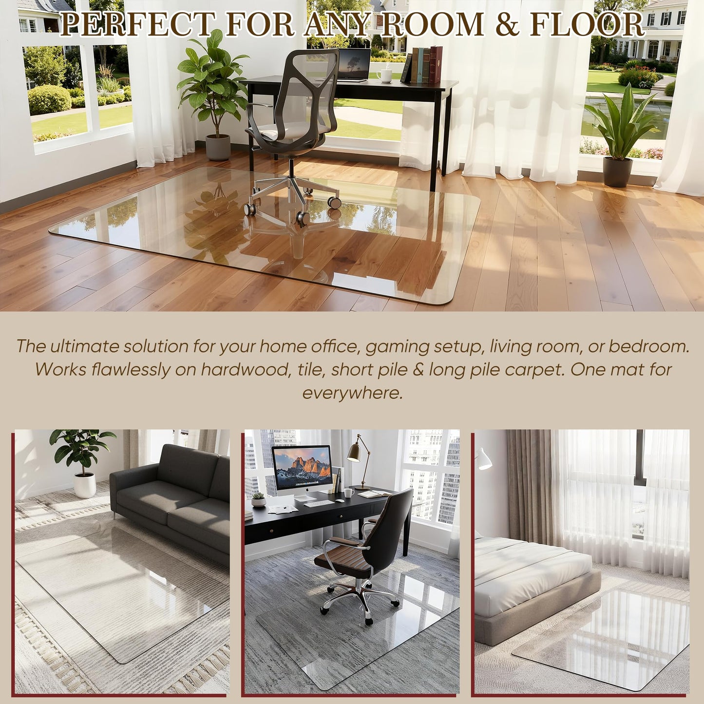 Homsion Tempered Glass Chair Mat for Hardwood Floor & Low Pile Carpet, 36" x 48" Heavy Duty Office Chair Mat with Non-Slip Pads, Scratch Resistant Floor Protector for Home Office
