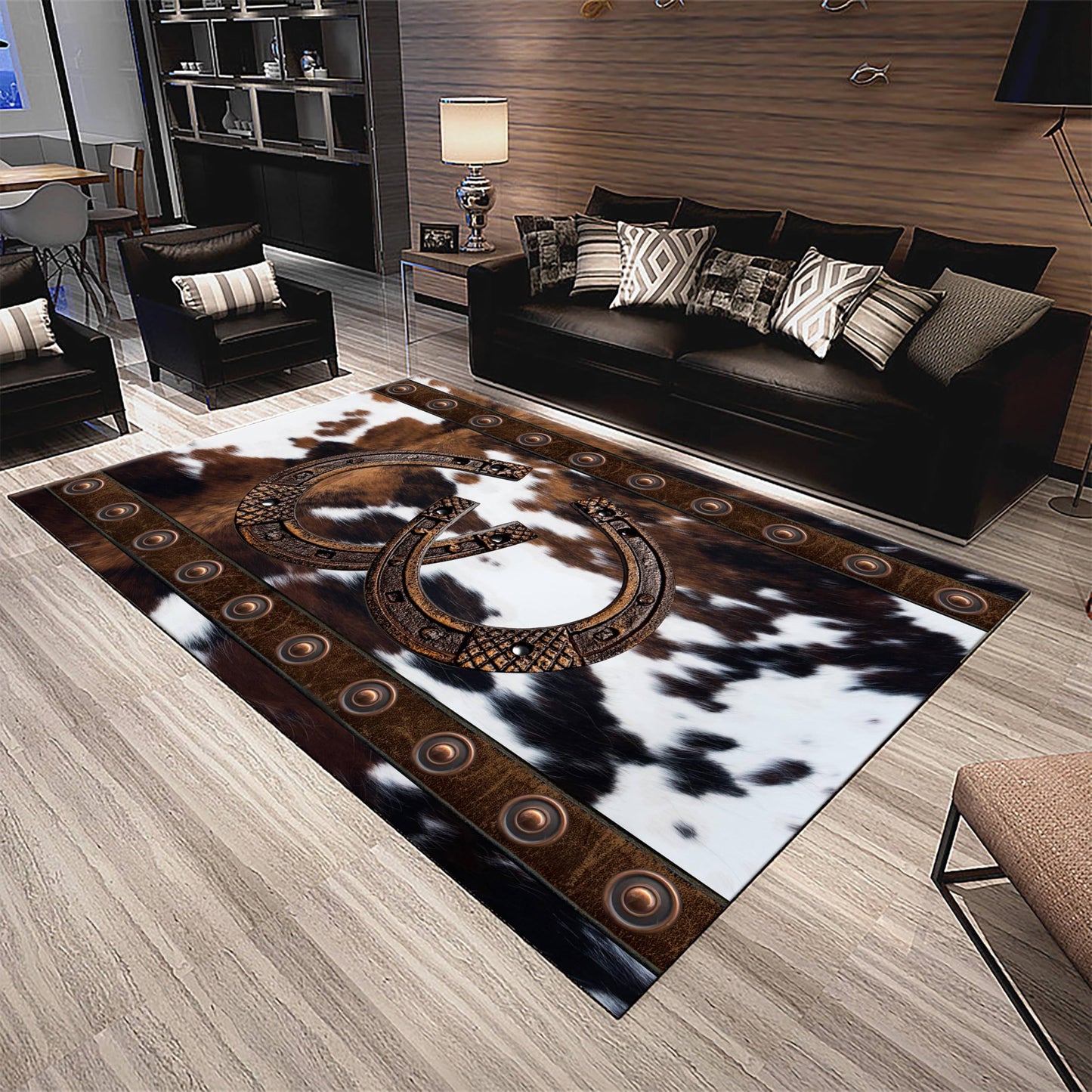 Western Rugs for Living Room, 3x4ft,Southwestern Native American Aztec Rugs,Rustic Horseshoe Brown Cow Print Rug,Boho Western Decor Carpet, for Bedroom Dining Room Non Slip Cowhide Rug