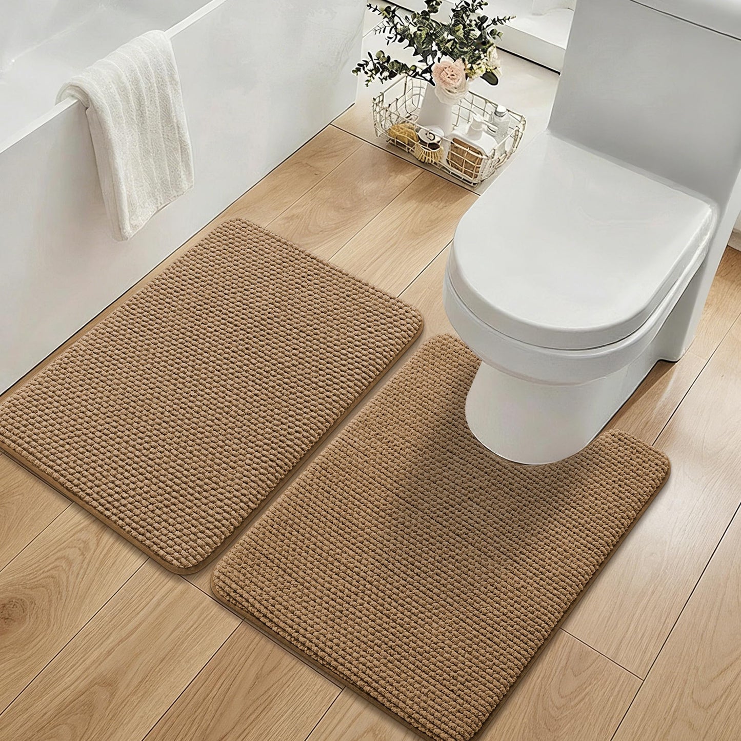 YIHOUSE Bathroom Rugs Set 2 Piece, Extra Soft Absorbent Chenille Bath Mat & U-Shaped Contour Toilet Rug, Non Slip Machine Washable Bath Mat for Shower Tub Sink, Beige