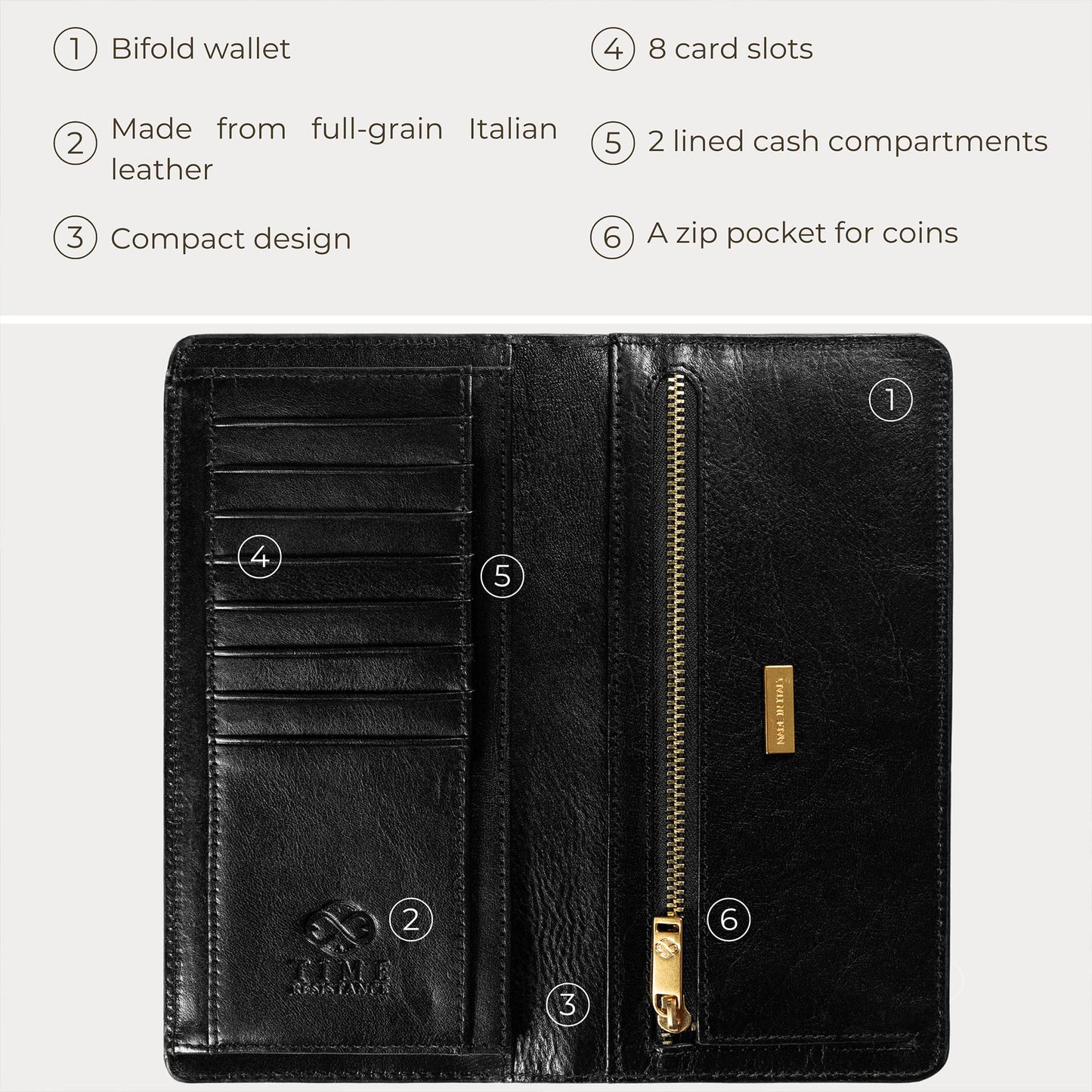 Time Resistance Long Leather Wallet - Bifold Mens Suit Leather Wallet - Checkbook Wallet - Tall Billfold Card Case - Slim Wallet Made in Italy (Black)