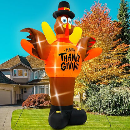 14FT Thanksgiving Turkey Inflatables, Extra Large Blow Up Thanksgiving Turkey Wearing Pumpkins, Pre-lit Happy Thanks Giving Outdoor Inflatable Decorations