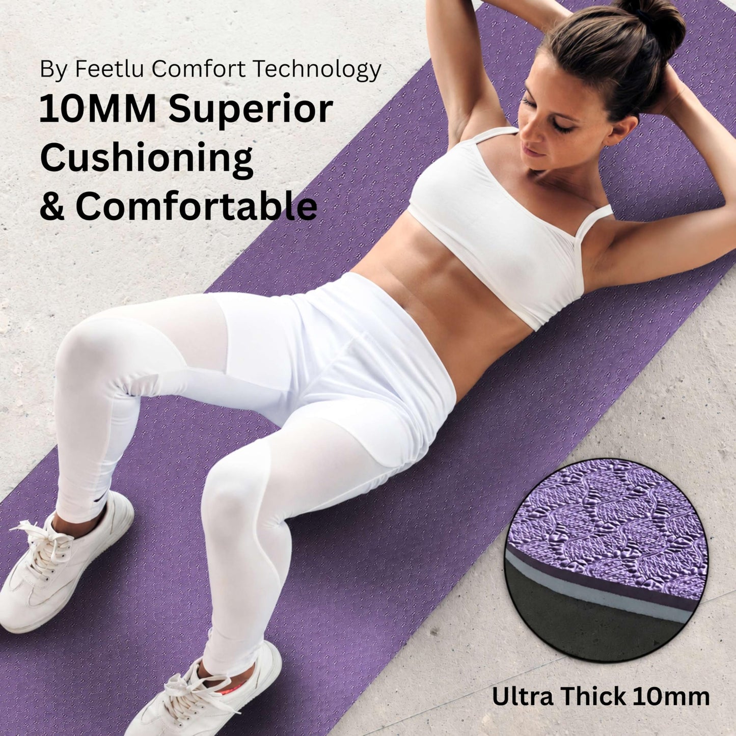 Feetlu Extra Thick Yoga Mat with Carry Strap, 10mm Non-Slip Exercise Mat, 72 x 24 Inch Cushioned Workout Mat for Yoga, Pilates, Stretching & Floor Exercises (DK. PL/BGY)