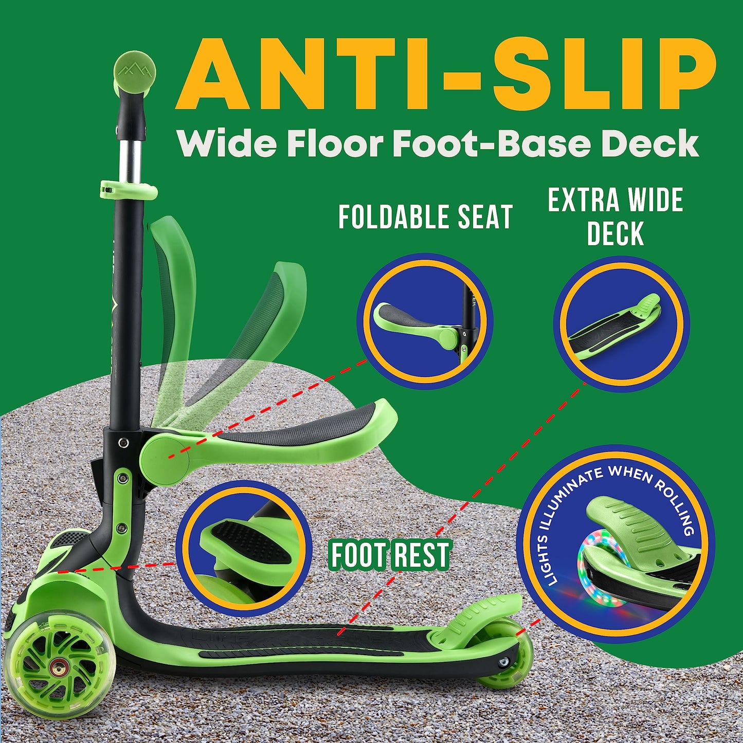 3 Wheel Scooter for Kids with Foldable Seat, Adjustable Handlebar Height, Lean-to-Steer Ride On Toy for Kids Ages 2+, Light-Up LED Wheels, Wide Anti Slip Deck, Indoor & Outdoor Use, Green