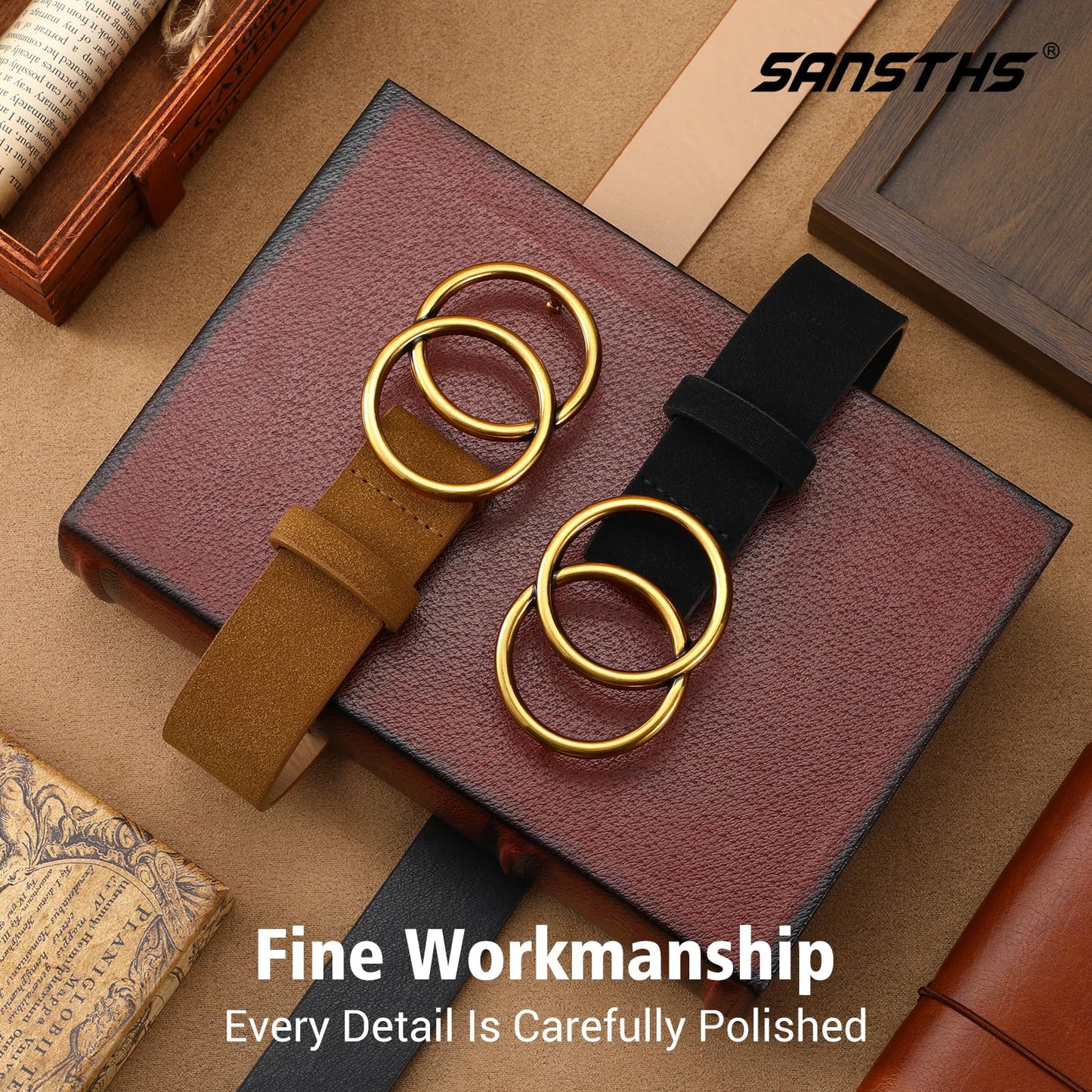 SANSTHS 2 Pack Women Leather Belts Faux Leather Jeans Belt with Double O Ring Buckle, Black&Brown M