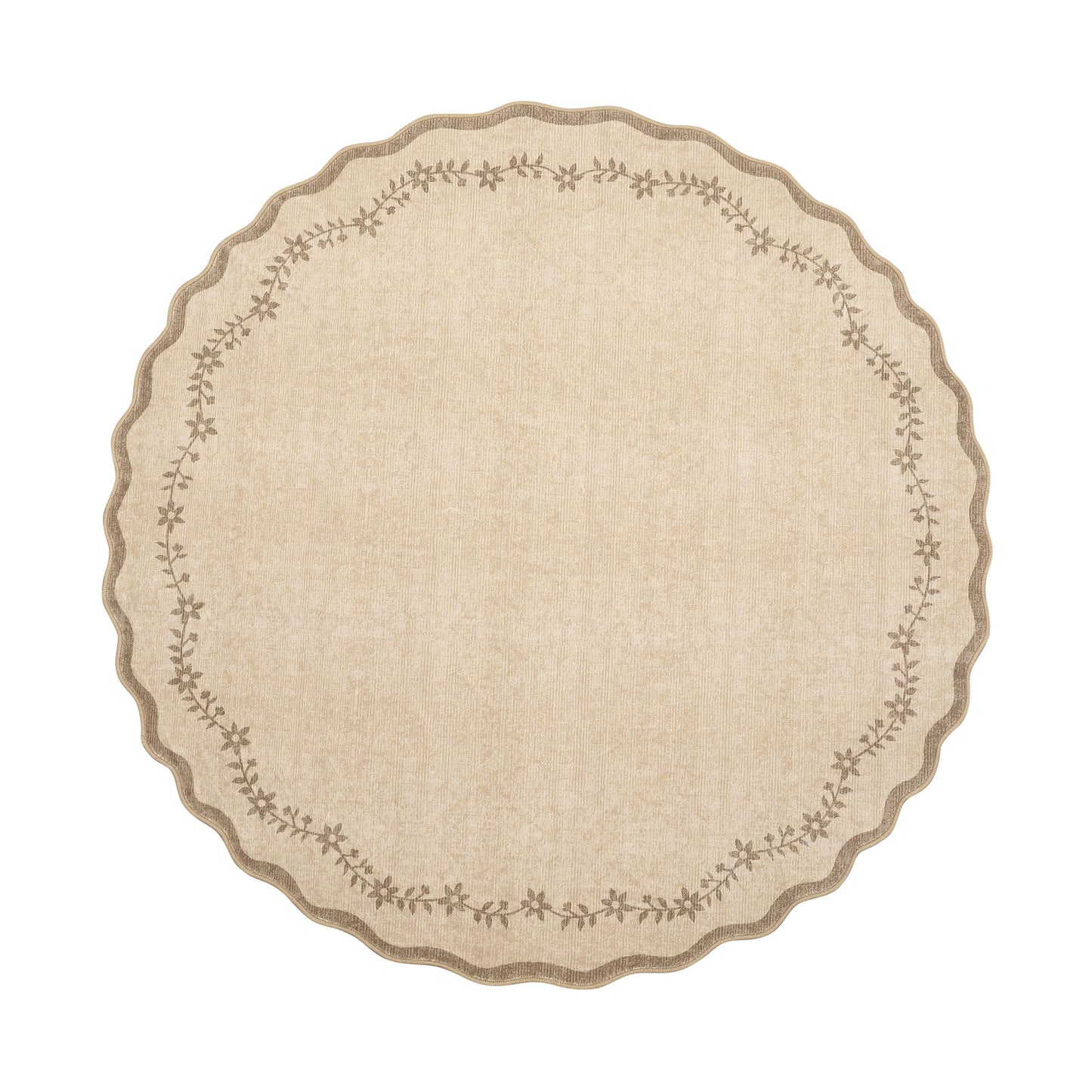 GarveeHome Round Area Rugs 4ft for Kids Room, Solid Jute Scalloped Washable Circle Rug Soft Non Slip Floral Print Floor Mat Tan Carpet Indoor Thin Tent Rug for Bedroom Dining Room Playroom Nursery