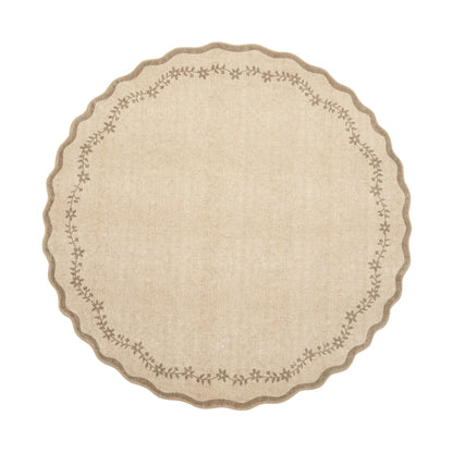 GarveeHome Round Area Rugs 4ft for Kids Room, Solid Jute Scalloped Washable Circle Rug Soft Non Slip Floral Print Floor Mat Tan Carpet Indoor Thin Tent Rug for Bedroom Dining Room Playroom Nursery