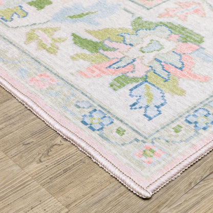 Oriental Weavers Addison ADD04 Machine Washable Flat Weave Printed Area Rug 5' x 7' in Pink/Green Traditional Style, Nursery, Kids Room, Bedroom, Entryway