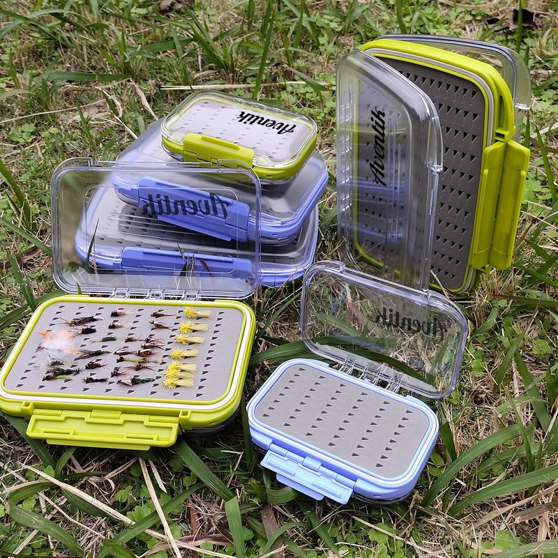 Aventik Waterproof Clear Fly Box Double Sides Floating Lightweight Fly Fishing Case Large Capacity Grip Foam Nymph Wet Dry Flies Lure Box(H18 Blue, SIZE A:4.24X3.04X1.36inch)